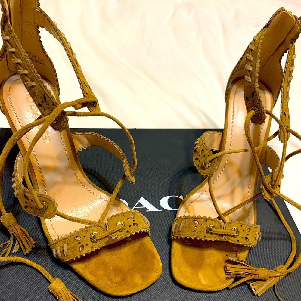 Coach Bella Heel Lace Up Western Sandal, peanut/oat color, sz 10